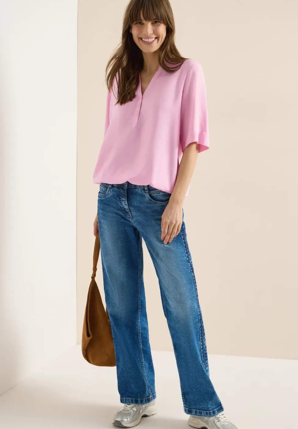 Bluse mit Split Neck und Elastiksaum