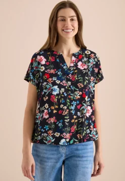 Bluse mit Split Neck und floralem Muster