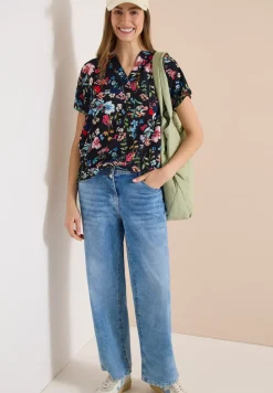 Bluse mit Split Neck und floralem Muster