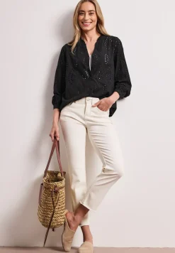 Bluse mit Split Neck und Shiffley-Muster
