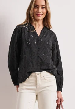 Bluse mit Split Neck und Shiffley-Muster