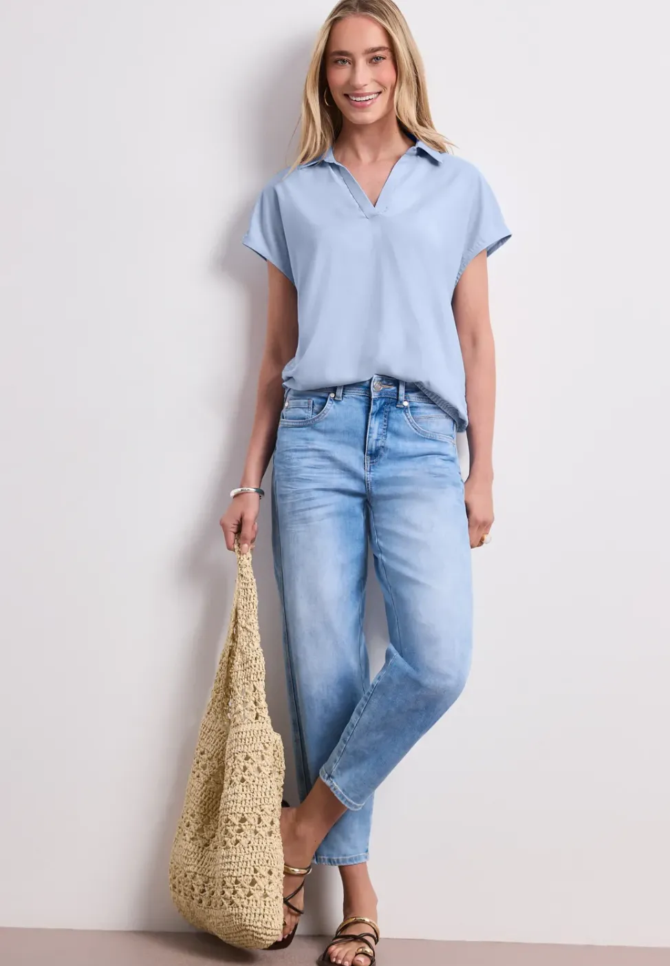 Blusenshirt mit Hemdkragen und Elastiksaum