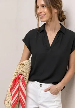 Blusenshirt mit Hemdkragen und Elastiksaum