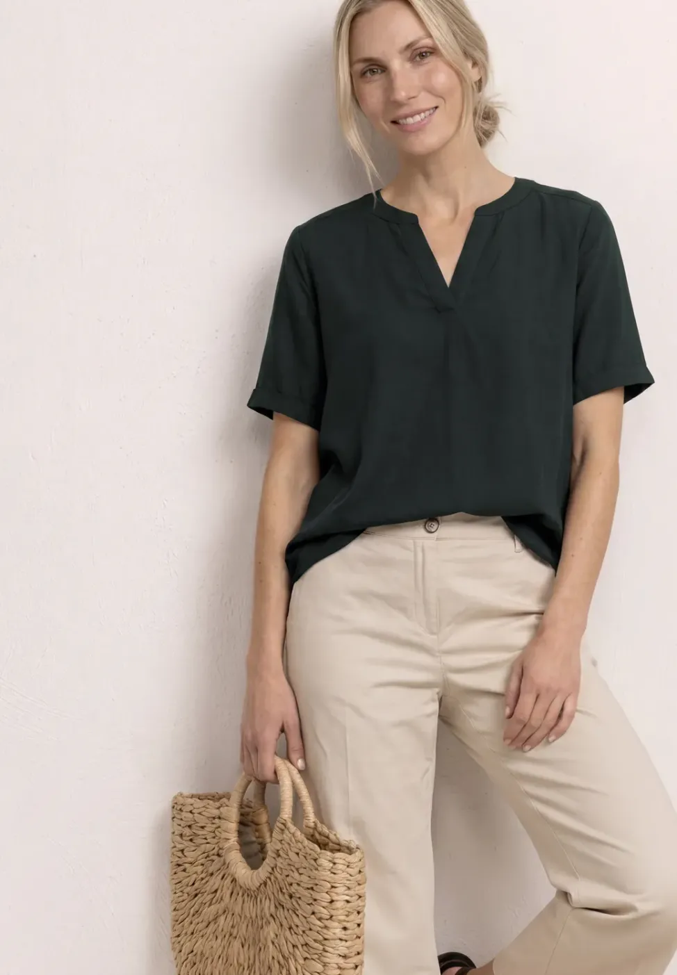 Blusenshirt in Unifarbe mit Split Neck