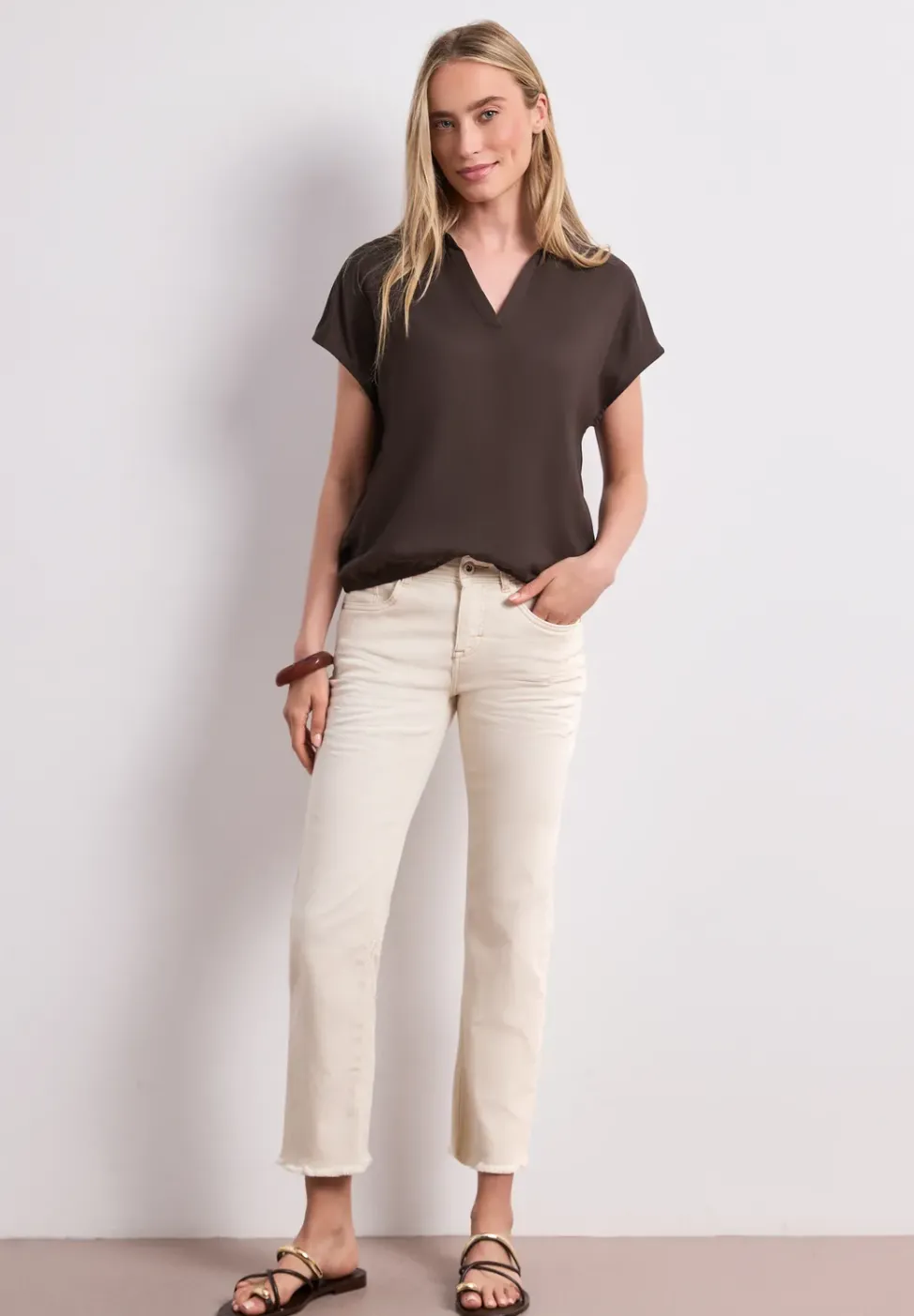 Blusenshirt mit Hemdkragen und Elastiksaum