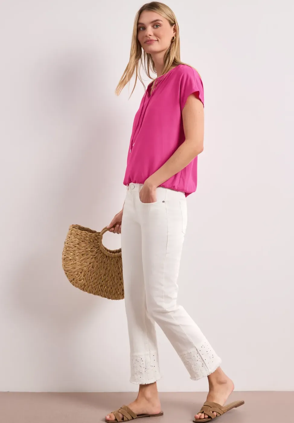 Blusenshirt mit Split Neck und Smokdetail