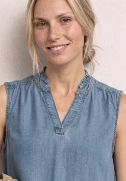 Blusentop mit Rüschen im Denim-Look