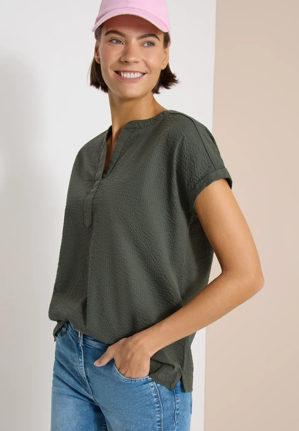 Dropped Shoulder Bluse in Seersuckerqualität