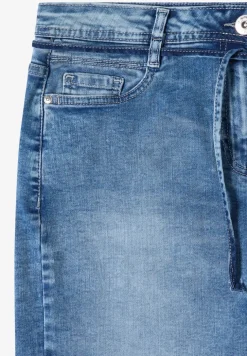 Knielanger Jeansrock mit Gürteldetail
