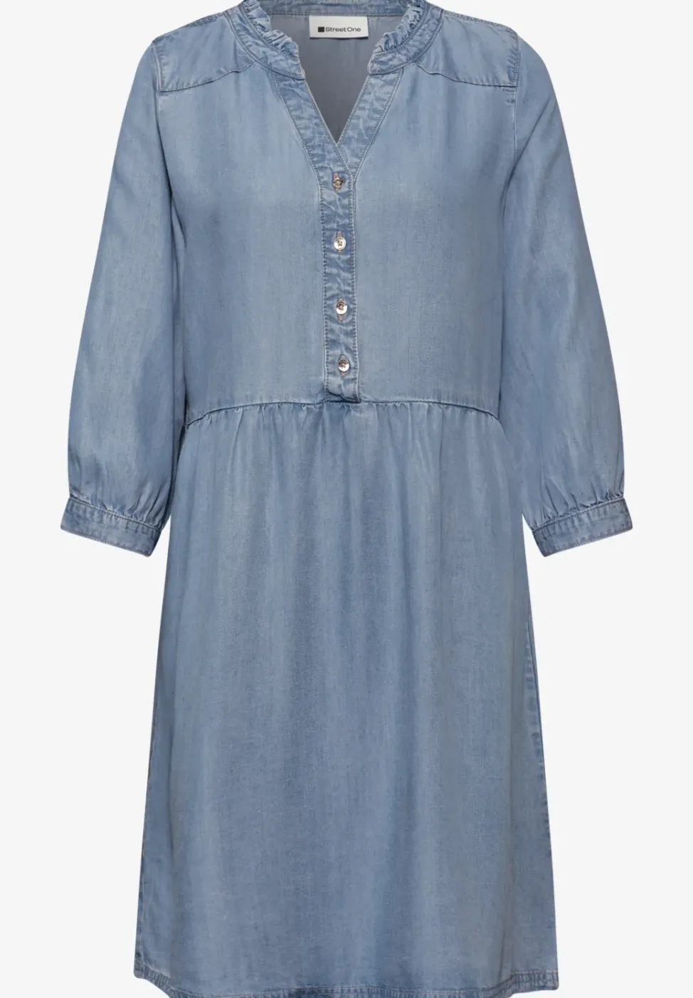 Knielanges Kleid mit Rüschen im Denim-Look