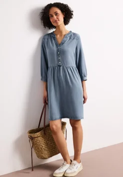 Knielanges Kleid mit Rüschen im Denim-Look
