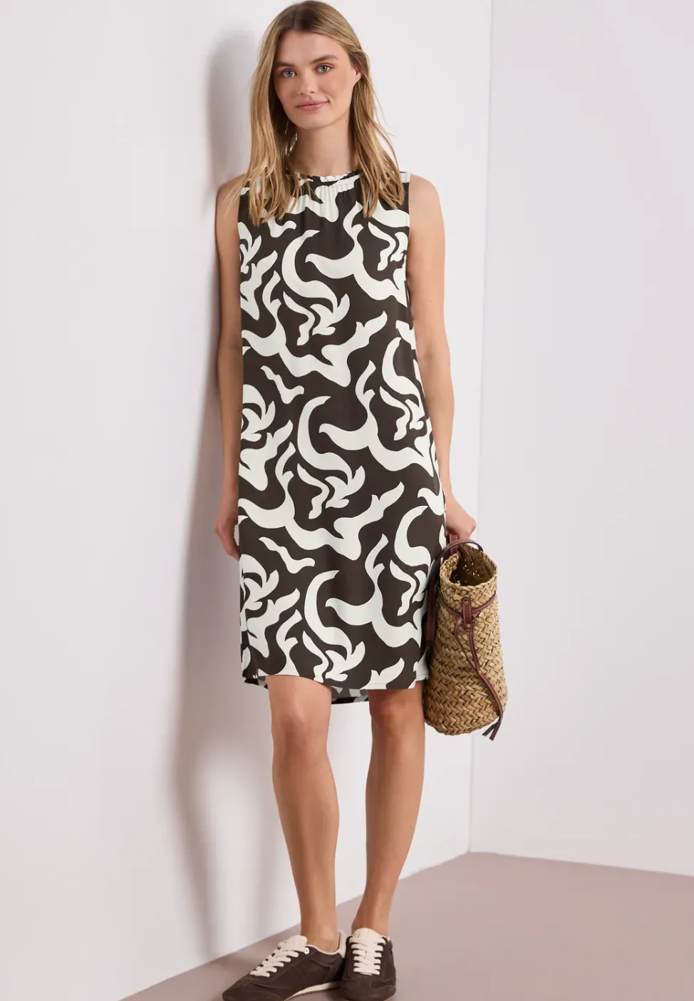 Knielanges Kleid mit Rundhals und Print
