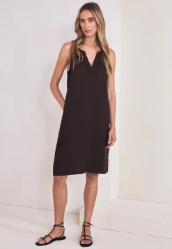 Knielanges Kleid mit Split Neck aus Leinen