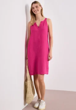 Knielanges Kleid mit Split Neck aus Leinen