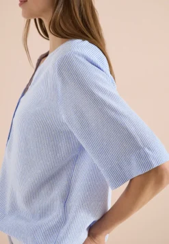 Kurzarm Bluse mit Split Neck und Streifen