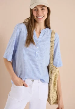 Kurzarm Bluse mit Split Neck und Streifen