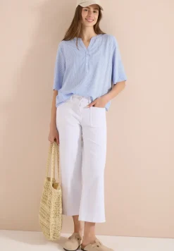 Kurzarm Bluse mit Split Neck und Streifen
