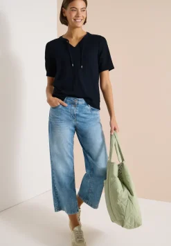 Kurzarm Bluse mit Split Neck und Bändern
