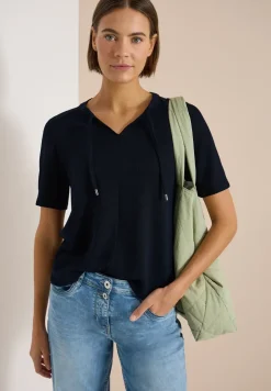 Kurzarm Bluse mit Split Neck und Bändern