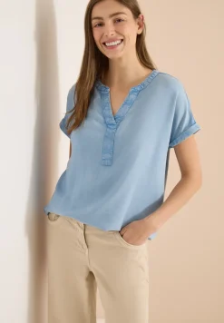 Kurzarm Bluse mit Split Neck in Denim-Optik