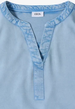 Kurzarm Bluse mit Split Neck in Denim-Optik