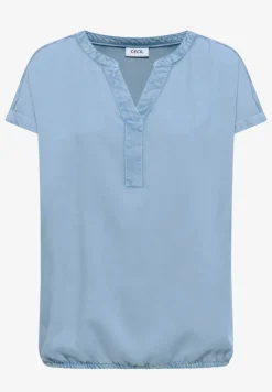 Kurzarm Bluse mit Split Neck in Denim-Optik