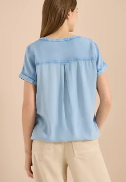 Kurzarm Bluse mit Split Neck in Denim-Optik