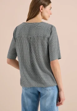 Kurzarm Bluse mit Split Neck und Streifen
