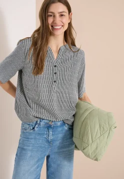 Kurzarm Bluse mit Split Neck und Streifen