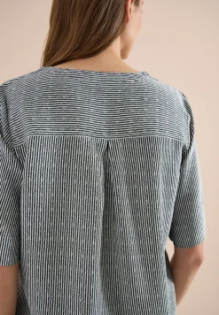 Kurzarm Bluse mit Split Neck und Streifen