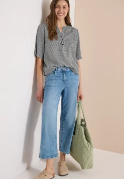 Kurzarm Bluse mit Split Neck und Streifen