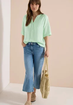 Kurzarm Bluse mit Split Neck und Streifen