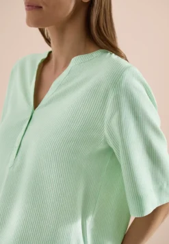Kurzarm Bluse mit Split Neck und Streifen