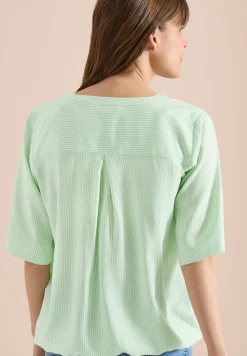 Kurzarm Bluse mit Split Neck und Streifen