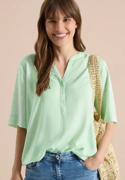 Kurzarm Bluse mit Split Neck und Streifen