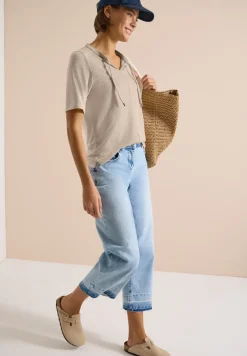 Kurzarm Bluse mit Split Neck und Bändern