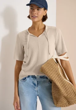 Kurzarm Bluse mit Split Neck und Bändern