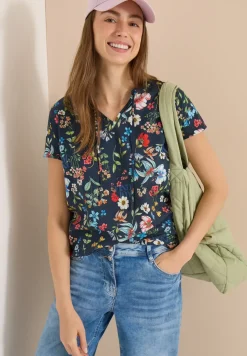 Kurzarm Bluse mit Strukturmix und Print
