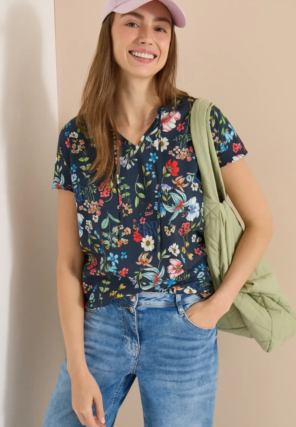 Kurzarm Bluse mit Strukturmix und Print