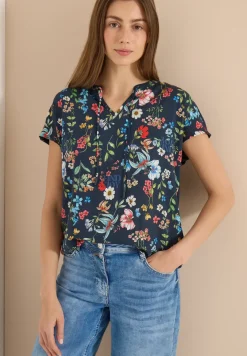 Kurzarm Bluse mit Strukturmix und Print