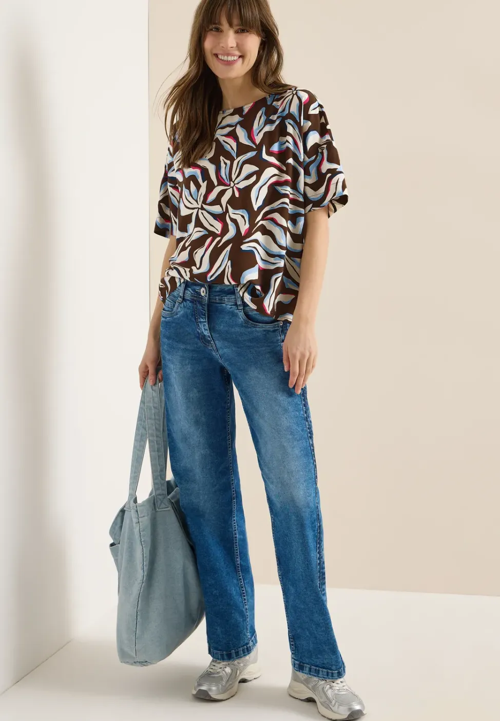 Kurzarm Bluse mit Print und Knöpfen