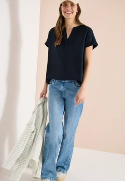 Kurzarm Bluse mit Split Neck