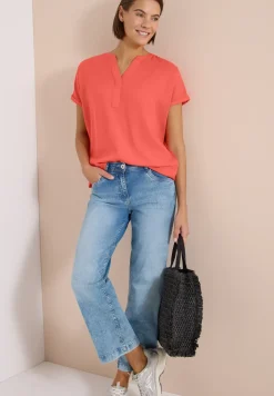 Kurzarm Bluse mit Split Neck
