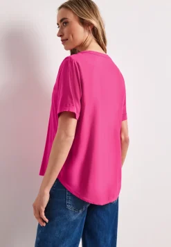 Kurzarm Bluse mit Split Neck in Unifarbe