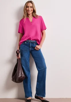 Kurzarm Bluse mit Split Neck in Unifarbe