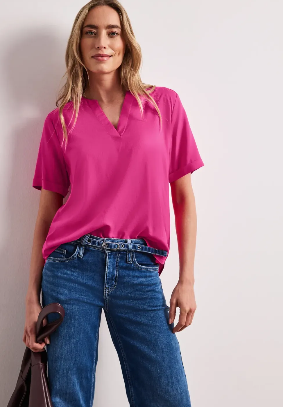 Kurzarm Bluse mit Split Neck in Unifarbe
