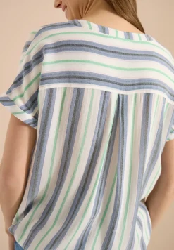 Kurzarm Bluse mit Split Neck und Streifen
