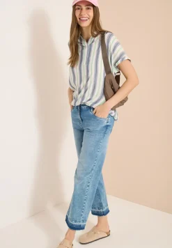 Kurzarm Bluse mit Split Neck und Streifen