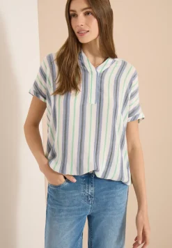 Kurzarm Bluse mit Split Neck und Streifen