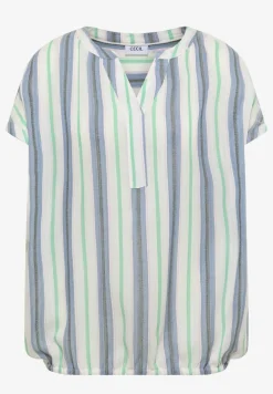 Kurzarm Bluse mit Split Neck und Streifen